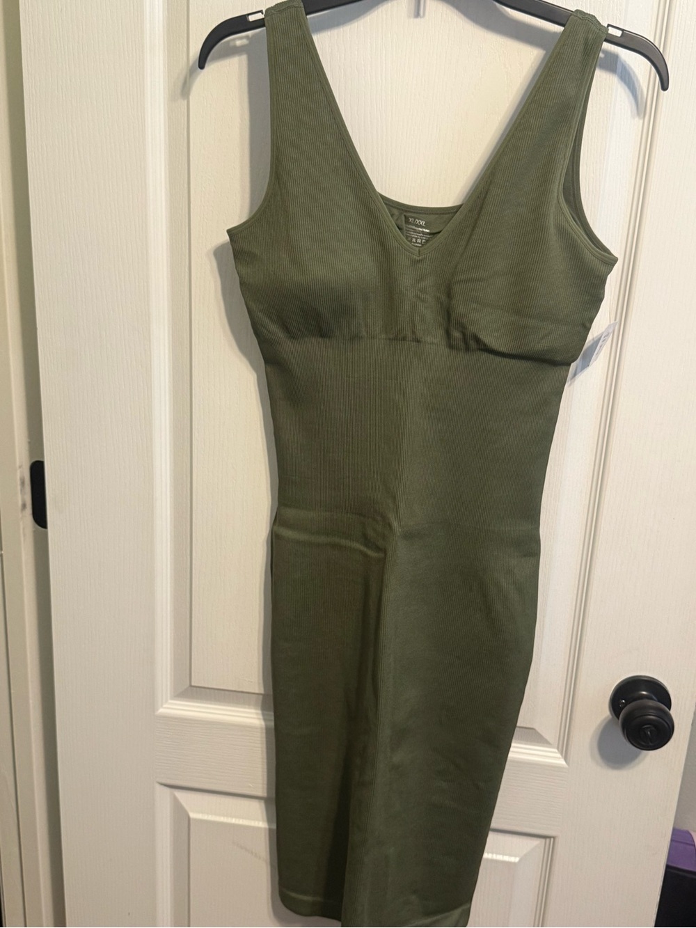 Olive Green Ribbed V-Neck Bodycon Dress